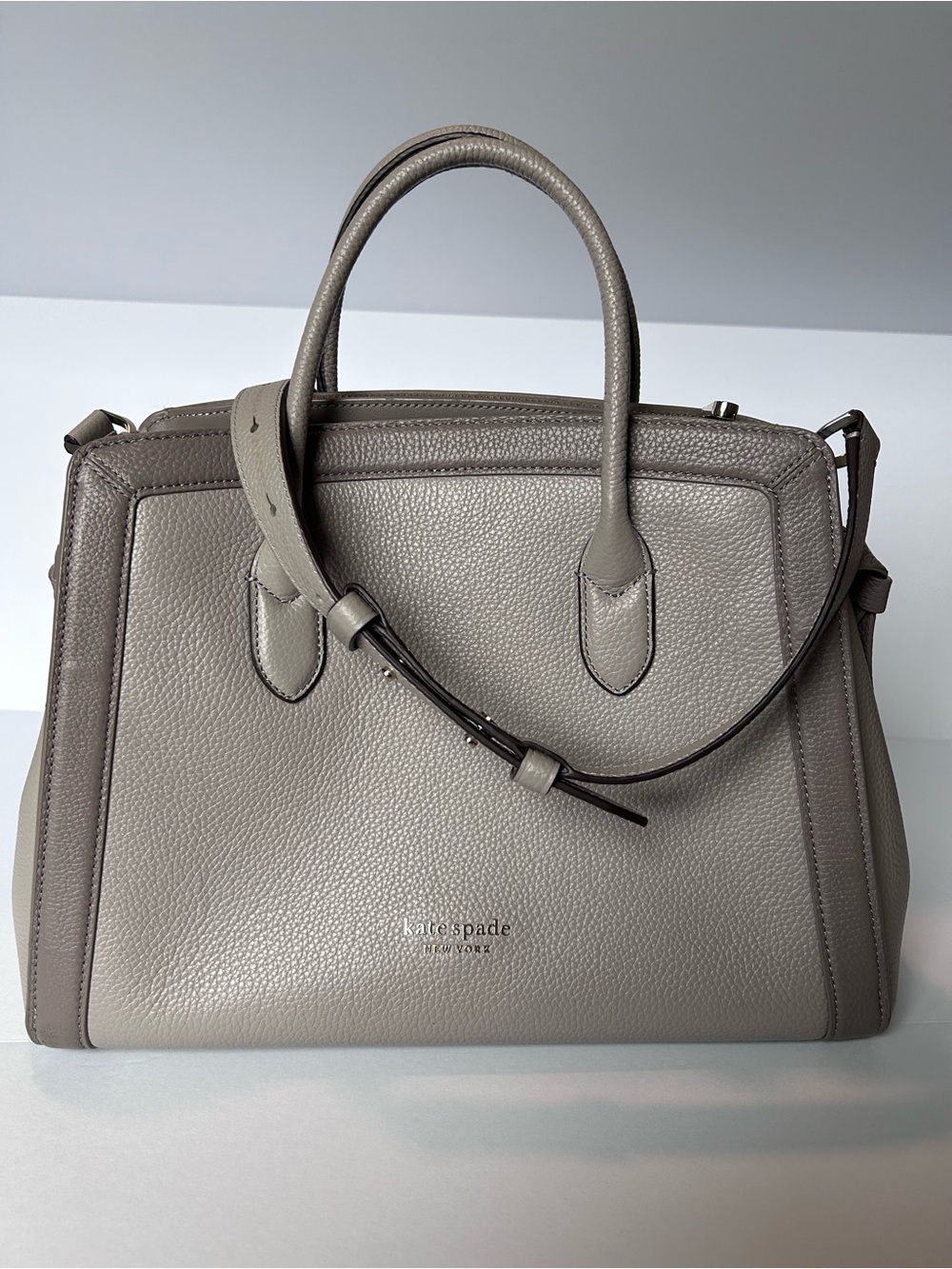 Kate Spade Knott Medium Satchel Pebbled Leather Mauve Grey ConvertibleCrossbody